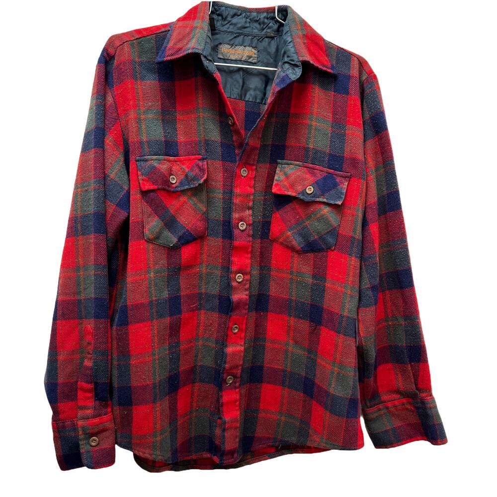 80s Red Green Blue Plaid Shirt Button Front David Harrison 15-15 1/2 Acrylic